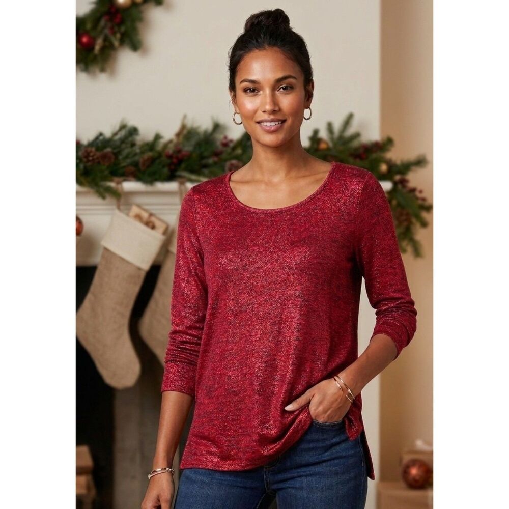 Westport 1962 Dressbarn Red Metallic Shimmer Apres Ski Scoop Neck Top Size M